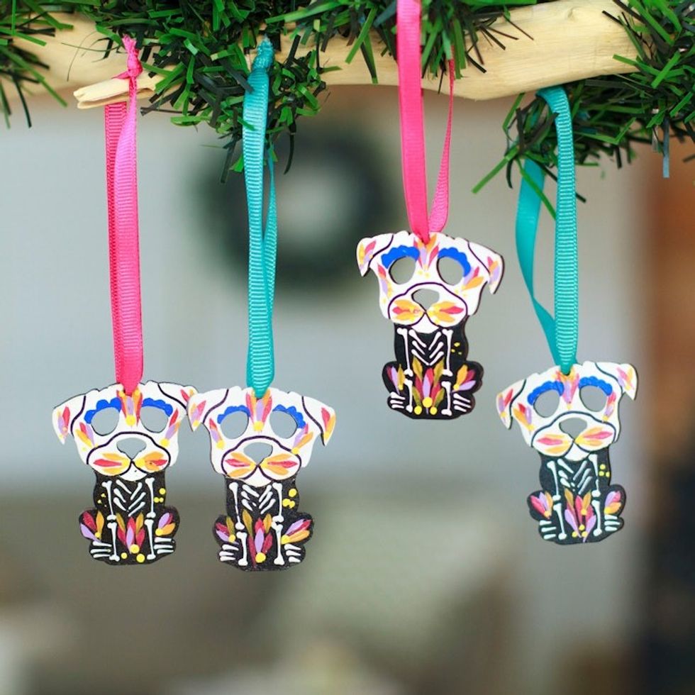 4 Wood Day of the Dead Skeleton Dog Ornaments with Ribbons 'Day of the Dead Dog'