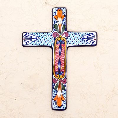 Alternate image for Hand Crafted Multicolored Ceramic Wall Cross From Mexico Orange Lily
