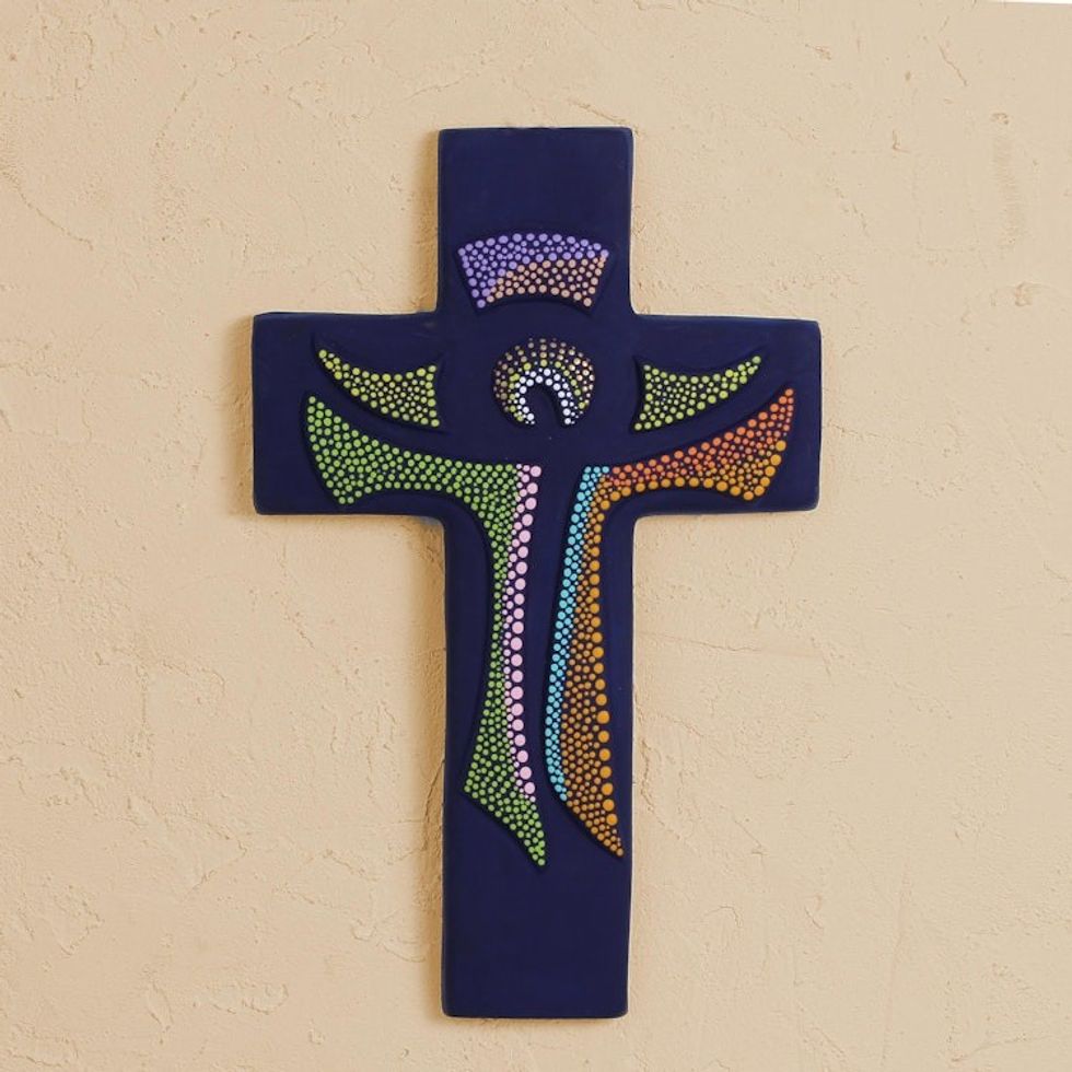 Hand-Painted Ceramic Wall Cross from Mexico 'God Lives Here'