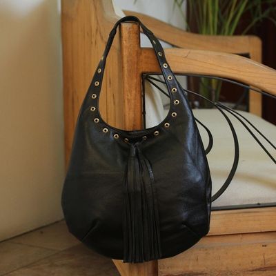 Alternate image for Handcrafted Black Leather Hobo-Style Boho Chic Shoulder Bag Relaxed Chic in Black