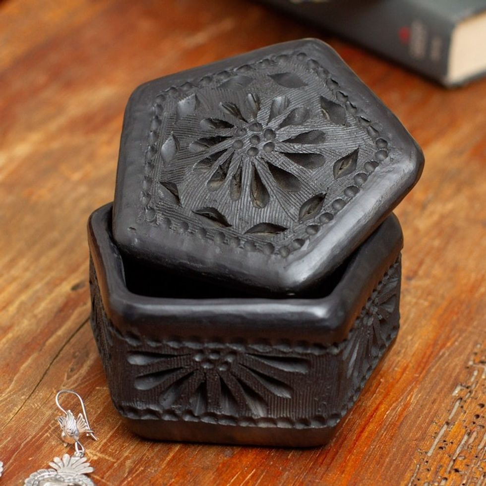 Mexican Barro Negro Decorative Box 'Floral Pentagon'