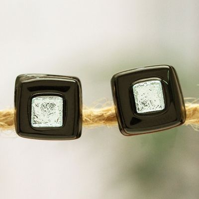 Alternate image for Black Fused Glass Mosaic Stud Earrings Handmade in Mexico Black Dichroic