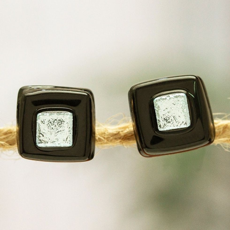 Black Fused Glass Mosaic Stud Earrings Handmade in Mexico 'Black Dichroic'