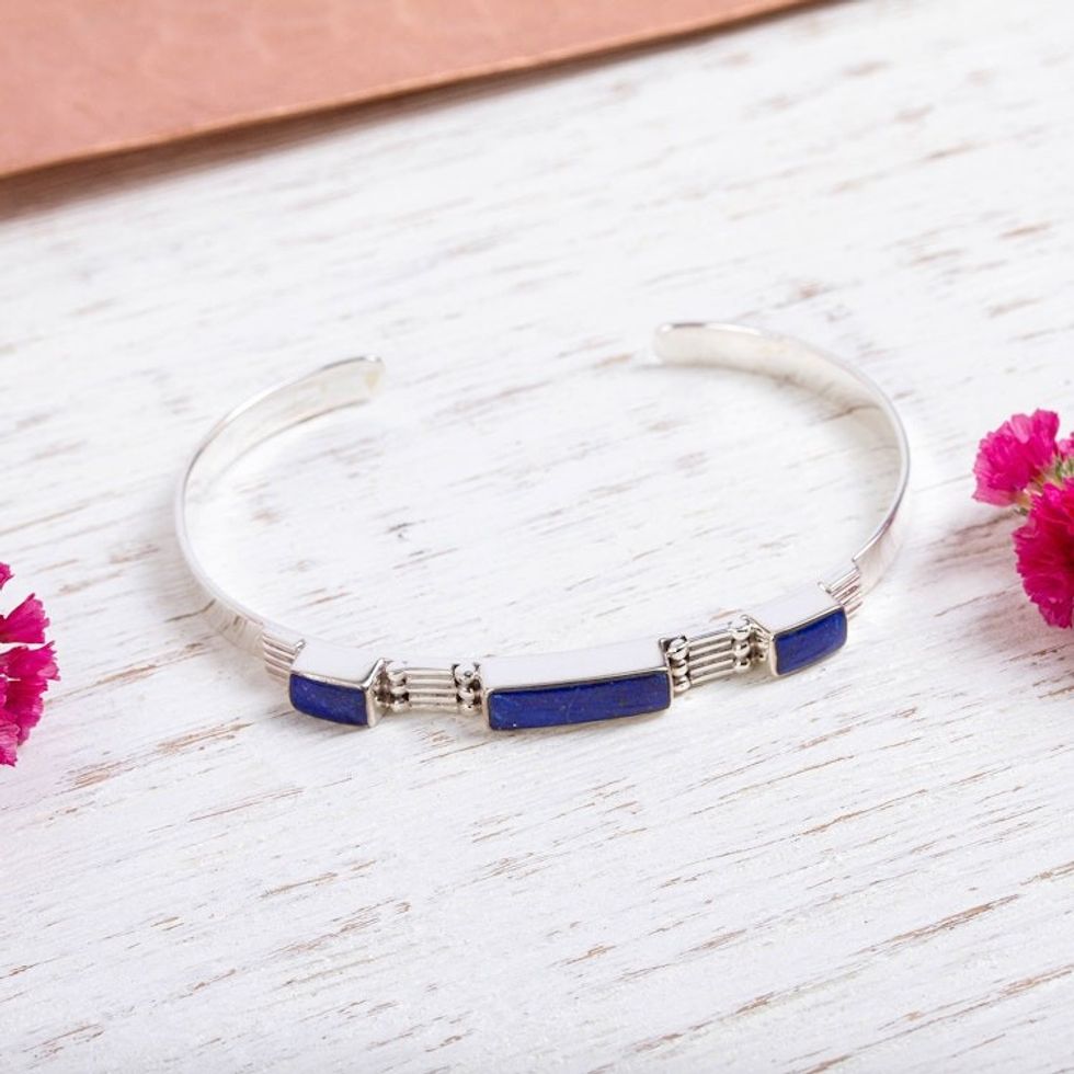 Taxco Lapis Lazuli Cuff Bracelet from Mexico 'Rectangular Blue'