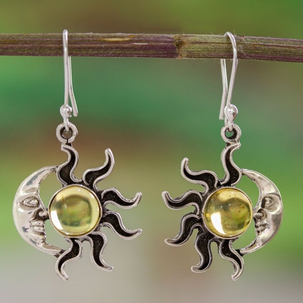 Mexican Sterling Silver and Amber Sun Moon Hook Earrings 'Resplendent Sunset'