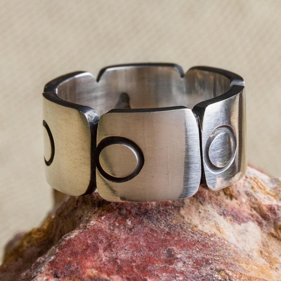 Sterling Silver Band Ring with Square Circle Motifs Mexico 'Aztec Squares'