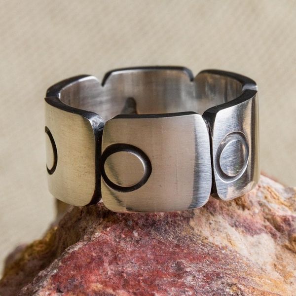 Alternate image for Sterling Silver Band Ring with Square Circle Motifs Mexico Aztec Squares