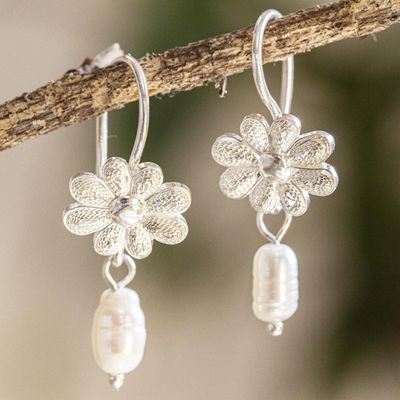 Alternate image for Mexican Sterling Silver Daisy Earrings with Cultured Pearl Darling Daisies