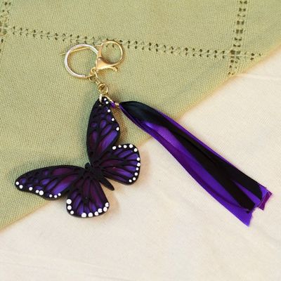 Alternate image for Hand-Painted Wood Butterfly Keychain and Bag Charm in Purple Monarchs of Hope