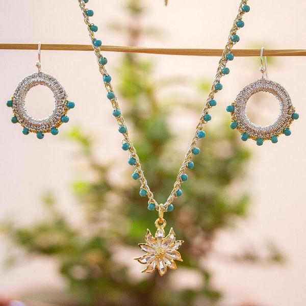 Alternate image for Turquoise Bead Necklace and Earring Set from Mexico Flower in Gold