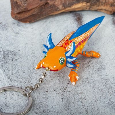 Alternate image for Orange-Yellow Wood Axolotl Alebrije Key Fob Mango Axolotl