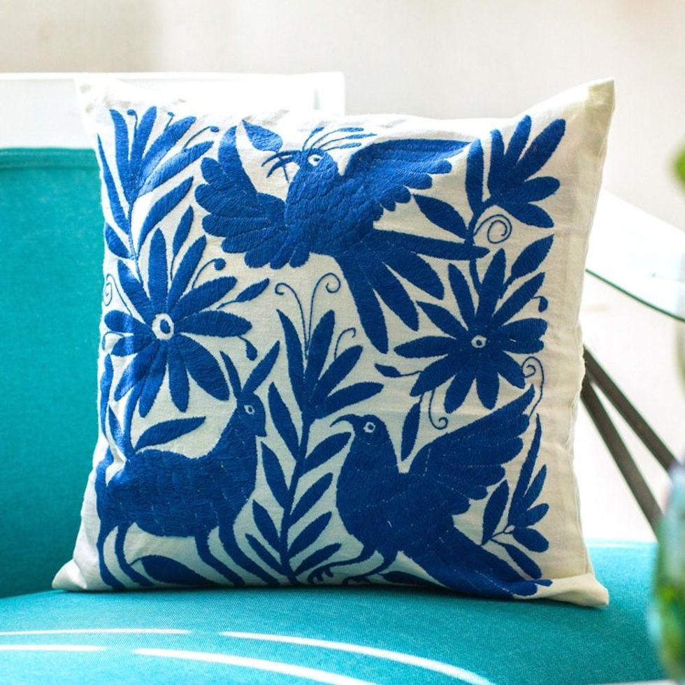Blue Embroidered Mexican Manta Throw Pillow Cushion Cover 'Tenango in Blue'
