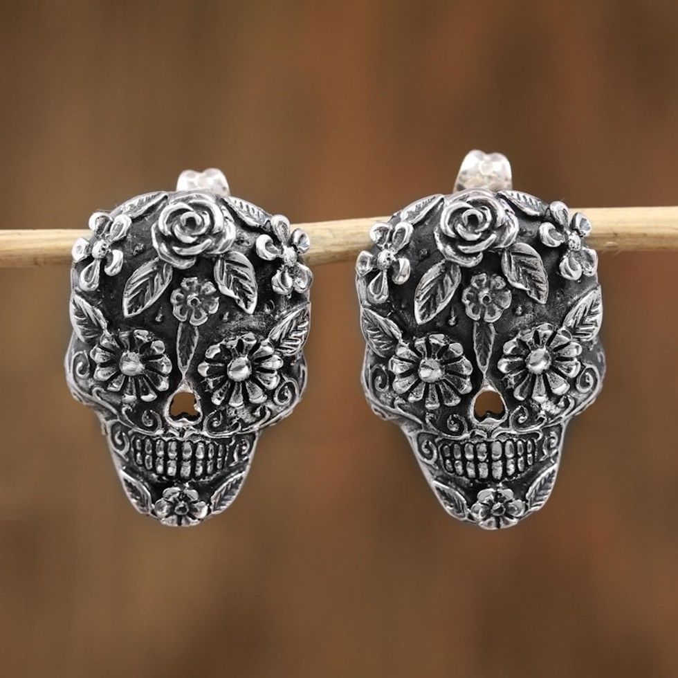 Catrina Skull Sterling Silver Drop Earrings from Mexico 'Catrina Flowers'