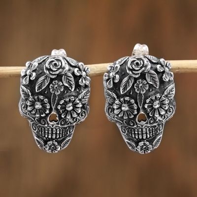 Alternate image for Catrina Skull Sterling Silver Drop Earrings from Mexico Catrina Flowers