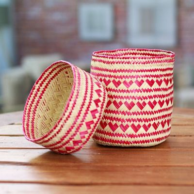 Alternate image for Red Hand-Woven Palm Fiber Basket with Lid from Mexico Love Red Heart