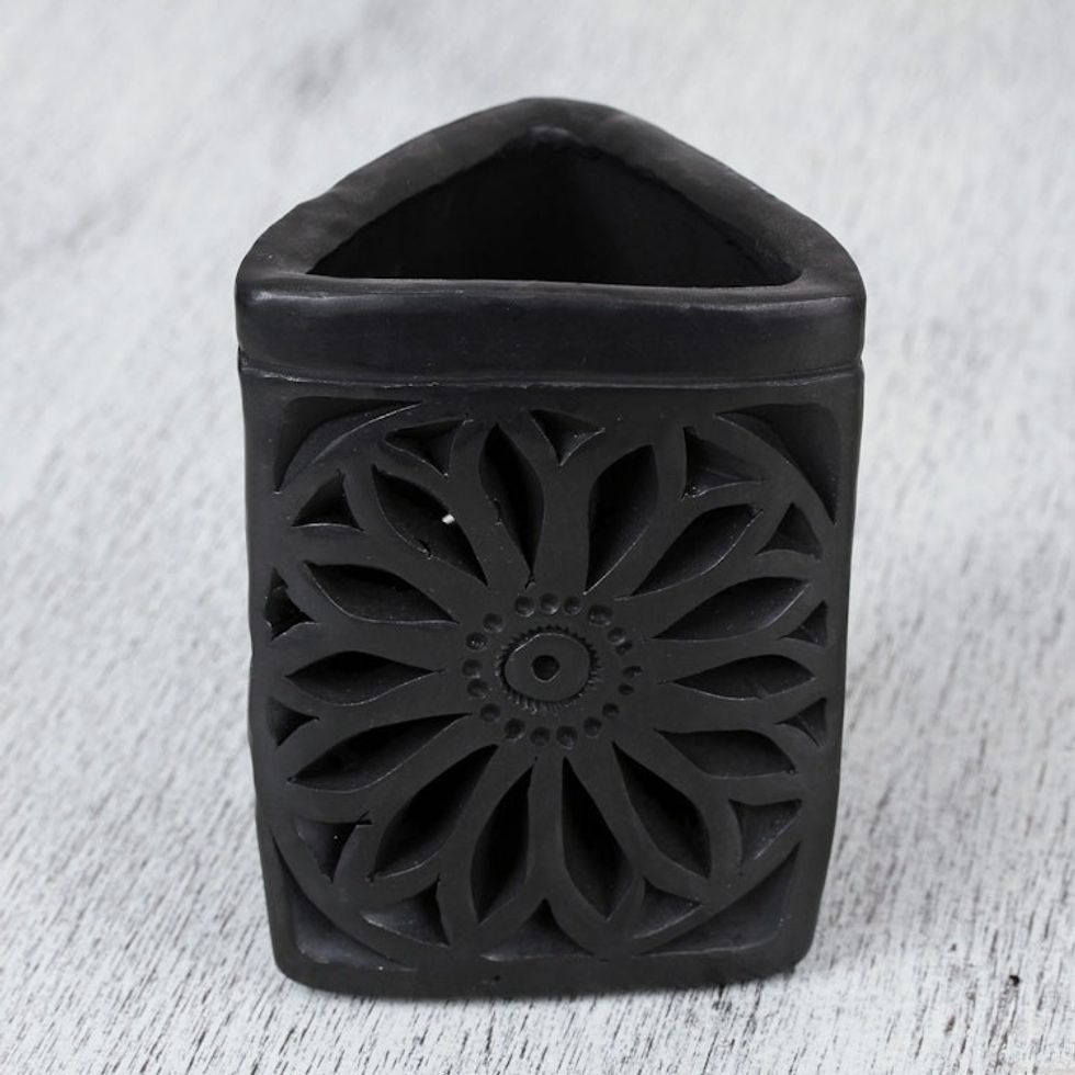 Oaxaca Barro Negro Triangular Floral Ceramic Pencil Holder 'Oaxacan Dusk'