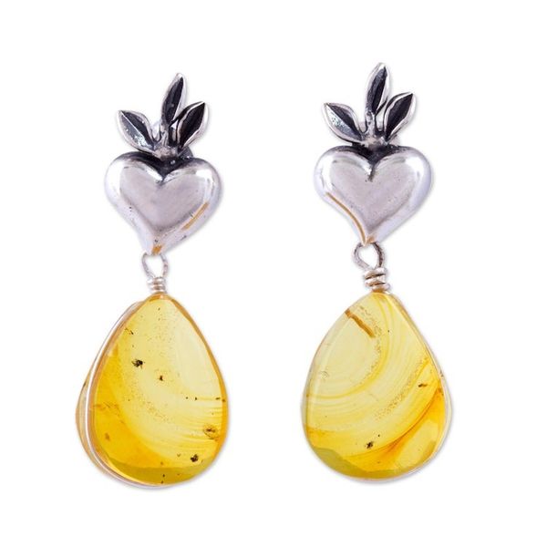 Alternate image for Heart Sterling Silver Earrings with Amber Droplets Fern Hearts