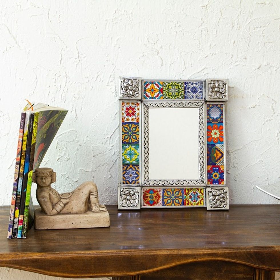 Tin and Ceramic Wall Mirror with Talavera Motifs Small 'Talavera Seasons'