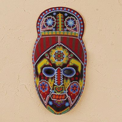 Alternate image for Handmade Hand Beaded Huichol Papier Mache Mask Green Jicuri Flower