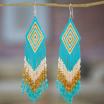 Alternate image for Handcrafted Huichol Aqua Beadwork Waterfall Earrings Huichol Cascade