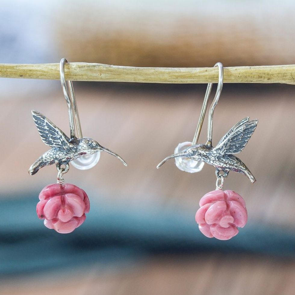 Silver Hummingbird Earrings with Rhodochrosite Roses 'Hummingbird Treasure'