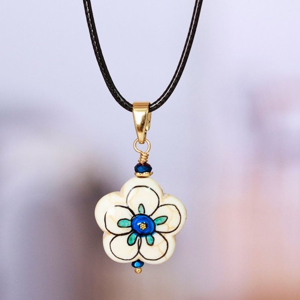 Gold-Accented Floral Howlite Pendant Necklace in Blue Hues 'Imagination Bloom'