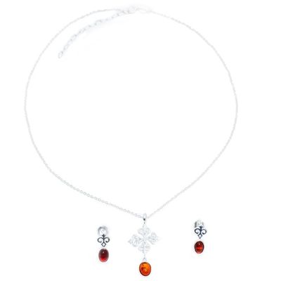 Alternate image for Sterling Silver and Oval Amber Necklace and Earring Set Amber Cross