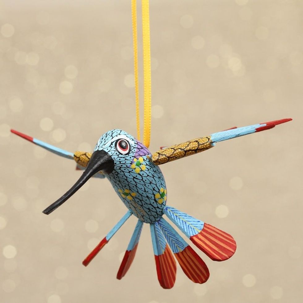 Handcrafted Copal Wood Alebrije Bird Ornament 'Hummingbird Song'