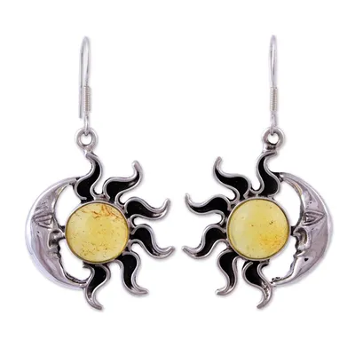 Alternate image for Mexican Sterling Silver and Amber Sun Moon Hook Earrings Resplendent Sunset