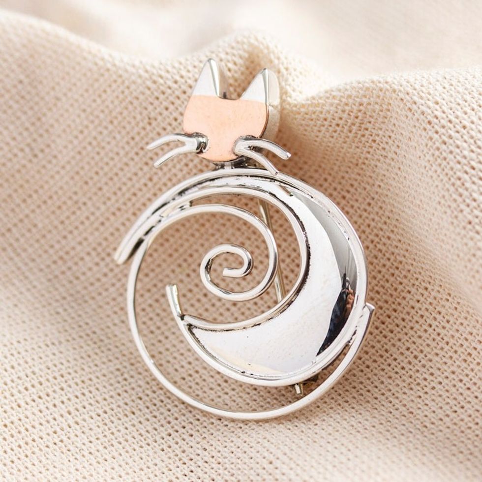 Handmade Taxco Sterling Silver Moon-Cat Brooch Pin 'Cat in the Moon'