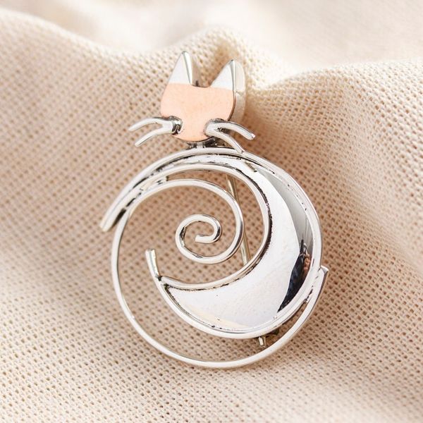 Alternate image for Handmade Taxco Sterling Silver Moon-Cat Brooch Pin Cat in the Moon