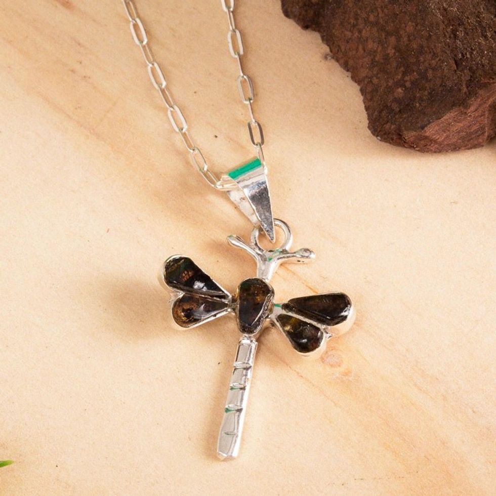 Amber Dragonfly Pendant Necklace from Mexico 'Age-Old Dragonflies'