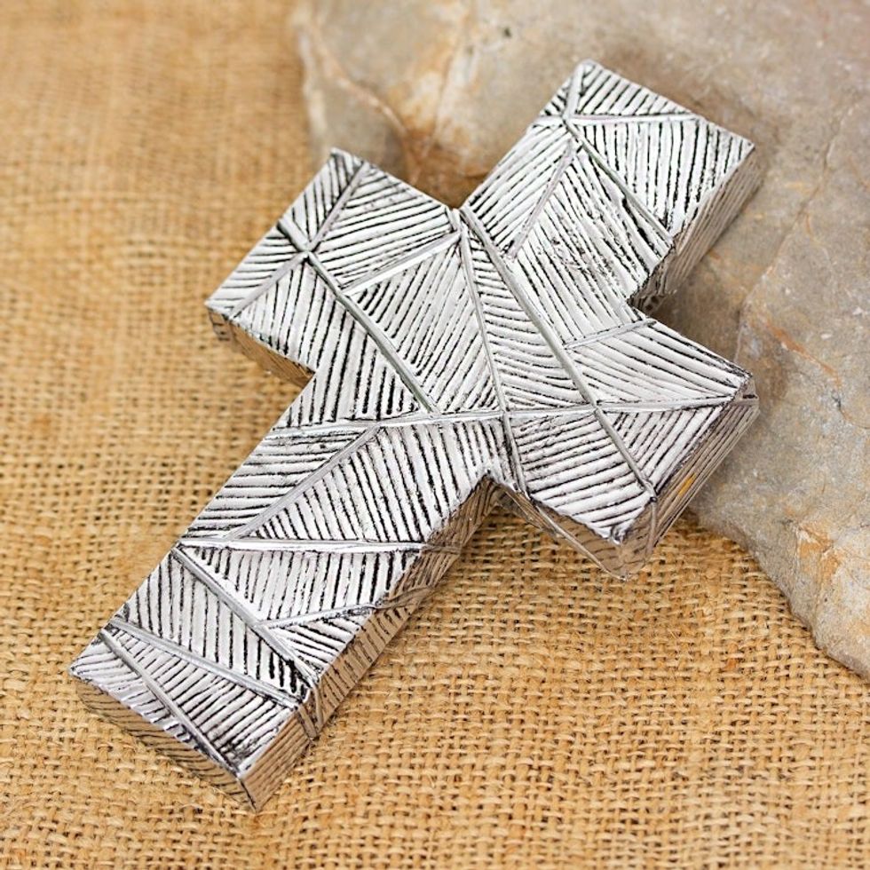 Wall Cross in Oxidized Crosshatched Aluminum Repousse 'Mexican Belief'