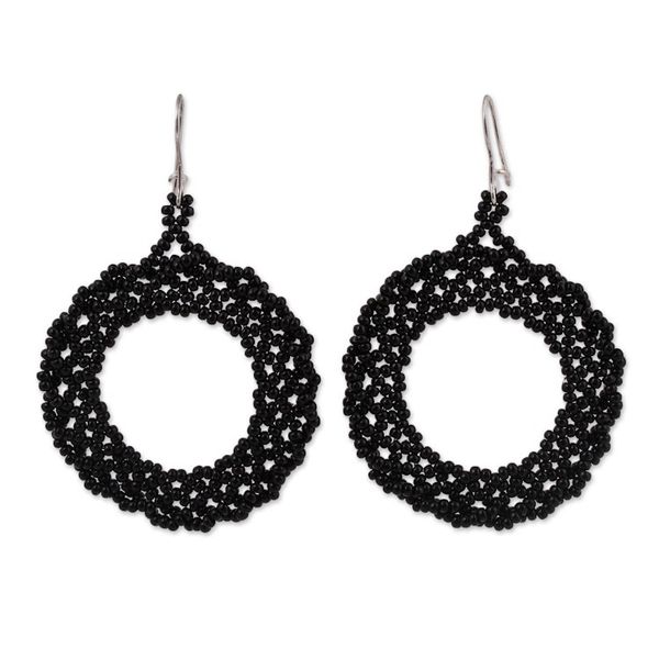 Alternate image for Circular Glass Beaded Dangle Earrings in Black from Mexico Ebony Black Circles