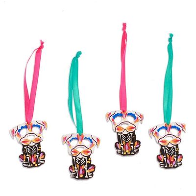 Alternate image for 4 Wood Day of the Dead Skeleton Dog Ornaments with Ribbons Day of the Dead Dog