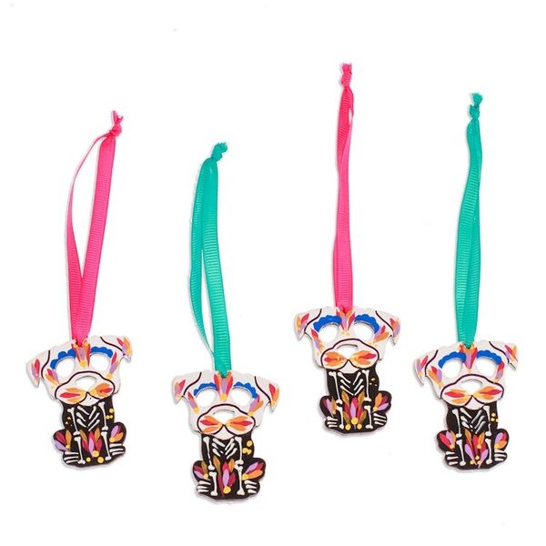 Alternate image for 4 Wood Day of the Dead Skeleton Dog Ornaments with Ribbons Day of the Dead Dog