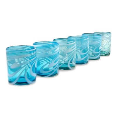 Alternate image for 6 Mexican Hand Blown 11 oz Rock Glasses in Aqua and White Whirling Aquamarine