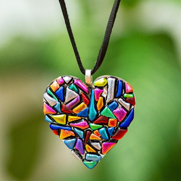 Alternate image for Handmade Fused Glass Heart Necklace Heart of Color