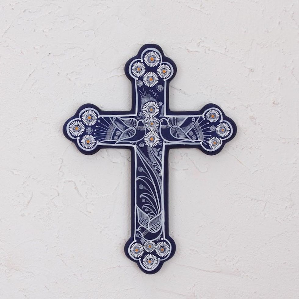 Blue with White Doves and Flowers Hand Painted Ceramic Cross 'Serenity Cross'