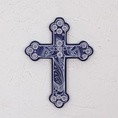Alternate image for Blue with White Doves and Flowers Hand Painted Ceramic Cross Serenity Cross