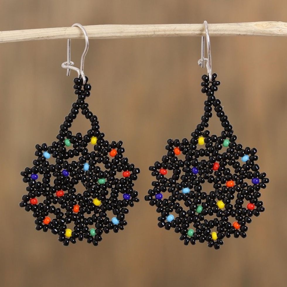 Dark Glass Beaded Dangle Earrings from Mexico 'Dark Colorful Stars'