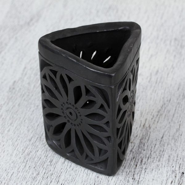 Alternate image for Oaxaca Barro Negro Triangular Floral Ceramic Pencil Holder Oaxacan Dusk