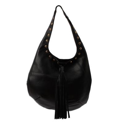 Alternate image for Handcrafted Black Leather Hobo-Style Boho Chic Shoulder Bag Relaxed Chic in Black