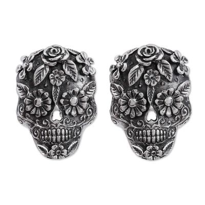 Alternate image for Catrina Skull Sterling Silver Drop Earrings from Mexico Catrina Flowers