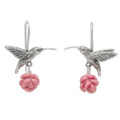 Alternate image for Silver Hummingbird Earrings with Rhodochrosite Roses Hummingbird Treasure