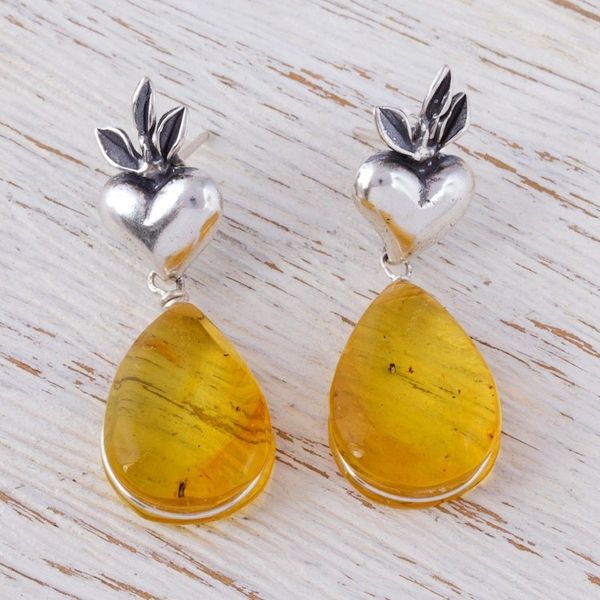 Alternate image for Heart Sterling Silver Earrings with Amber Droplets Fern Hearts