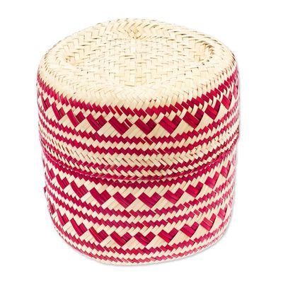 Alternate image for Red Hand-Woven Palm Fiber Basket with Lid from Mexico Love Red Heart