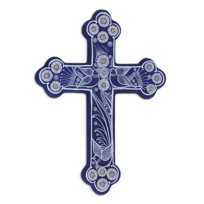 Alternate image for Blue with White Doves and Flowers Hand Painted Ceramic Cross Serenity Cross