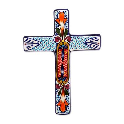 Alternate image for Hand Crafted Multicolored Ceramic Wall Cross From Mexico Orange Lily