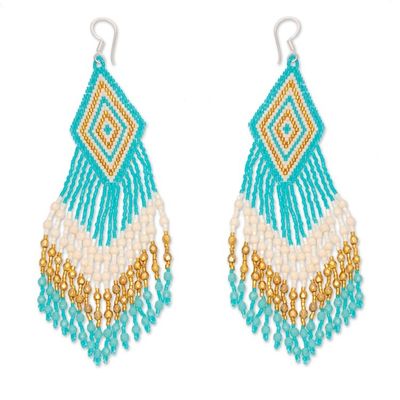 Alternate image for Handcrafted Huichol Aqua Beadwork Waterfall Earrings Huichol Cascade